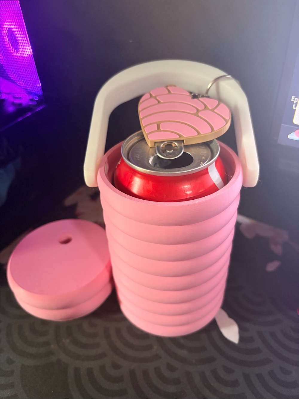 Pink Collapsible  Can Cooler with Heart Keychain